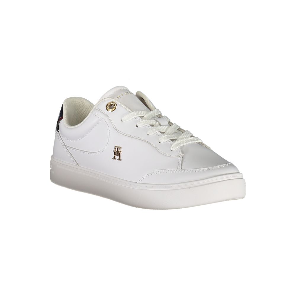Tommy Hilfiger White Leather Women Sneaker with blue accents, featuring lace-up design and iconic logo for fashion-forward individuals.