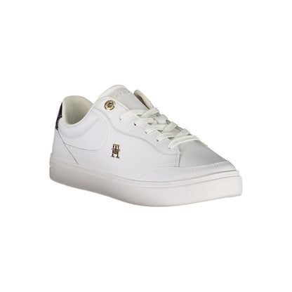 Tommy Hilfiger White Leather Women Sneaker with blue accents, featuring lace-up design and iconic logo for fashion-forward individuals.
