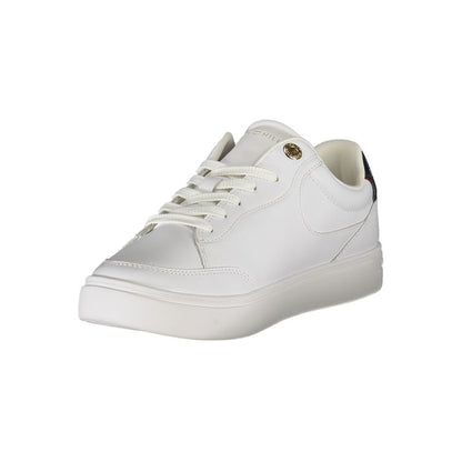 Tommy Hilfiger White Leather Women Sneaker with lace-up design and blue accents, featuring iconic Tommy logo for fashion-forward style