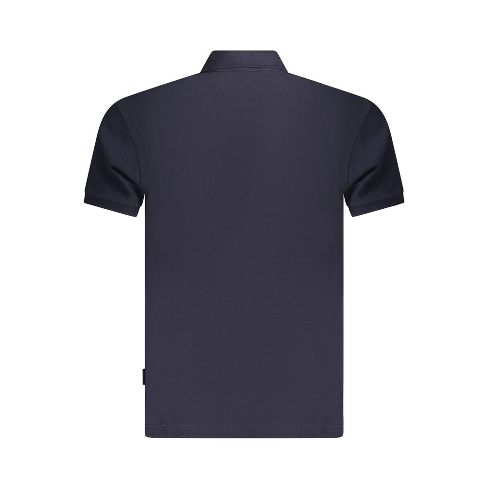 Back view of Napapijri Blue Cotton Men Polo Shirt in navy color with short sleeves, showcasing its relaxed fit and stylish design.
