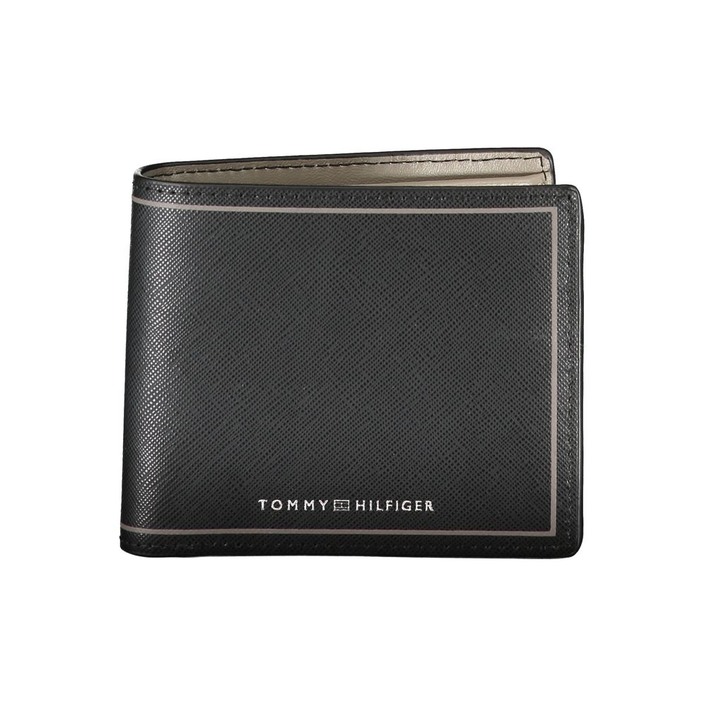 Tommy Hilfiger Black Leather Wallet with multiple compartments, coin purse, card spaces, and contrast details showcasing logo.