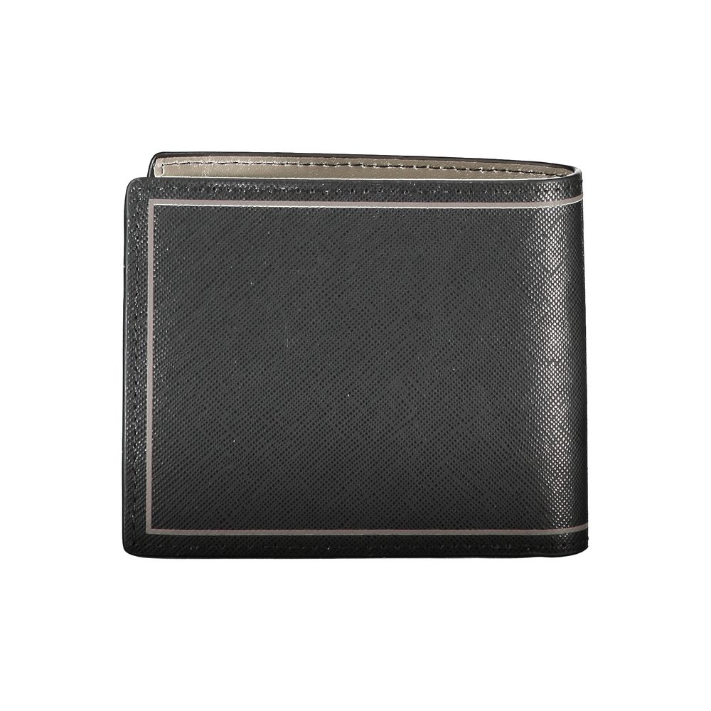 Tommy Hilfiger Black Leather Wallet with two compartments, coin purse, card spaces, contrast details, and logo.