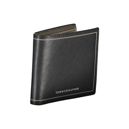 Tommy Hilfiger Black Leather Wallet with compartments, coin purse, card slots, contrast details, and logo.