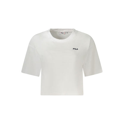 Fila White Cotton Women T-Shirt featuring bold print and logo, loose cropped design, made from organic cotton for comfort and style.