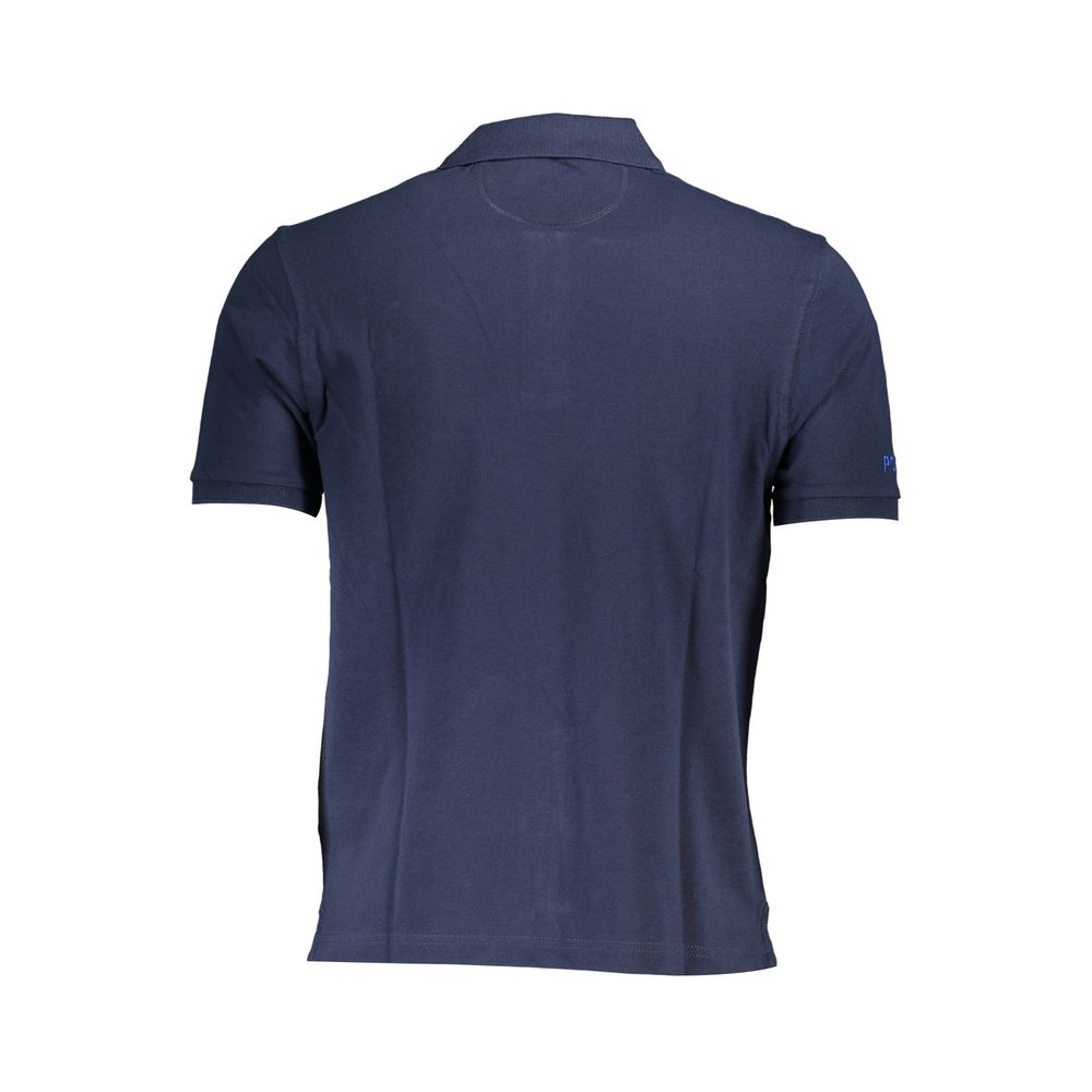 Back view of La Martina Blue Cotton Men Polo Shirt with short sleeves and classic collar