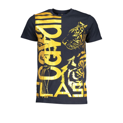 Cavalli Class Blue Cotton T-Shirt, short sleeves, crew neck, stylish tiger print, brand logo. Premium quality men's fashion.