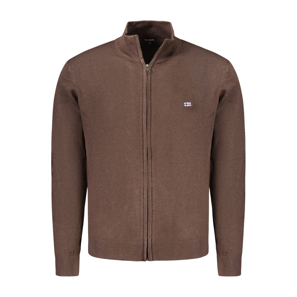 Norway 1963 Brown Polyamide Men Cardigan with zip and logo embroidery, showcasing elegance and durability.