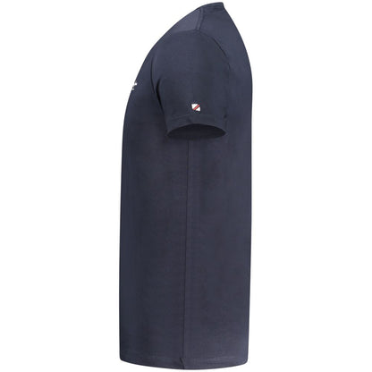 Side view of Pepe Jeans Blue Cotton Men T-Shirt showcasing slim-fit design and crew neck.