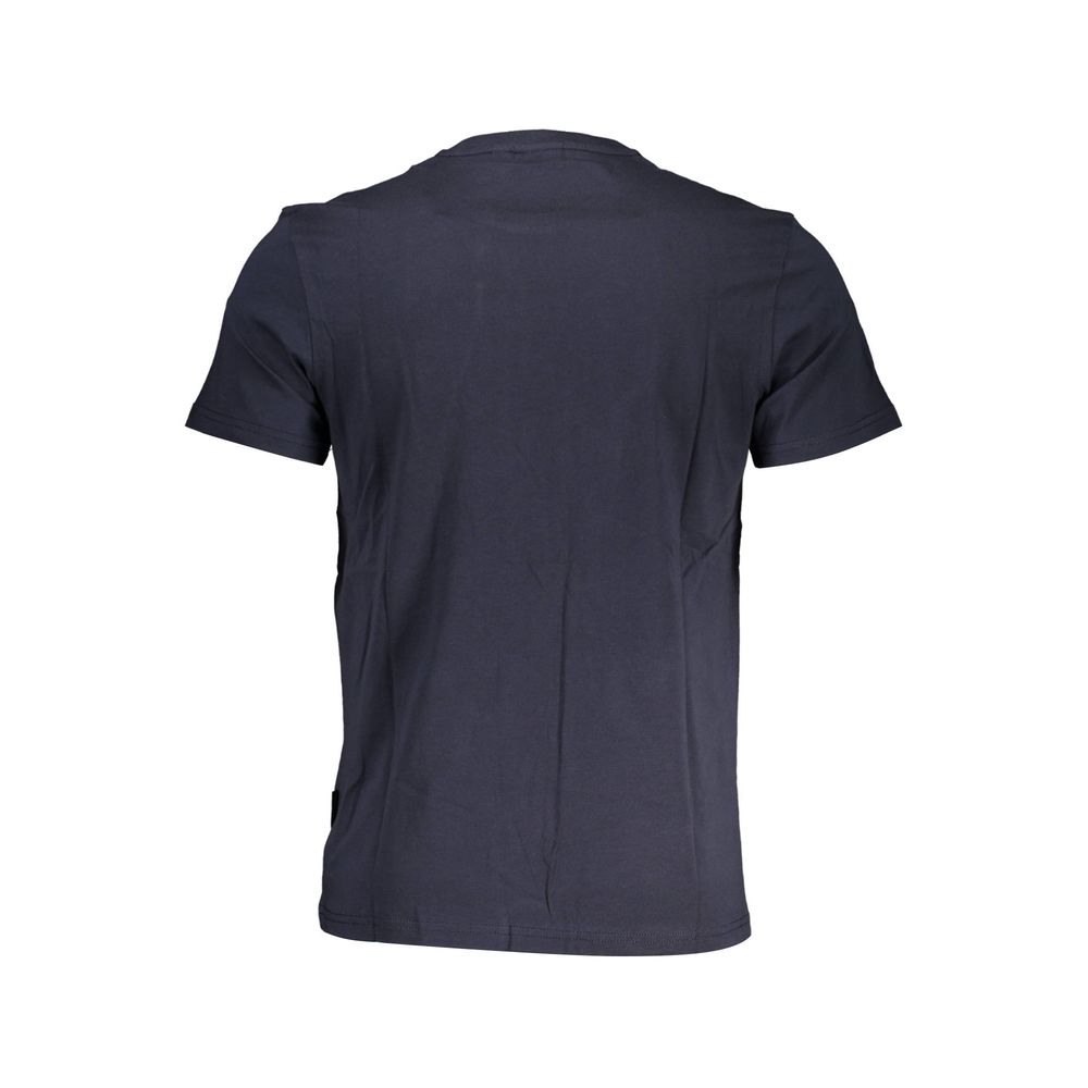 Back view of Napapijri Blue Cotton Men T-Shirt, showcasing short sleeves and a classic crew neck style, made from premium cotton fabric.