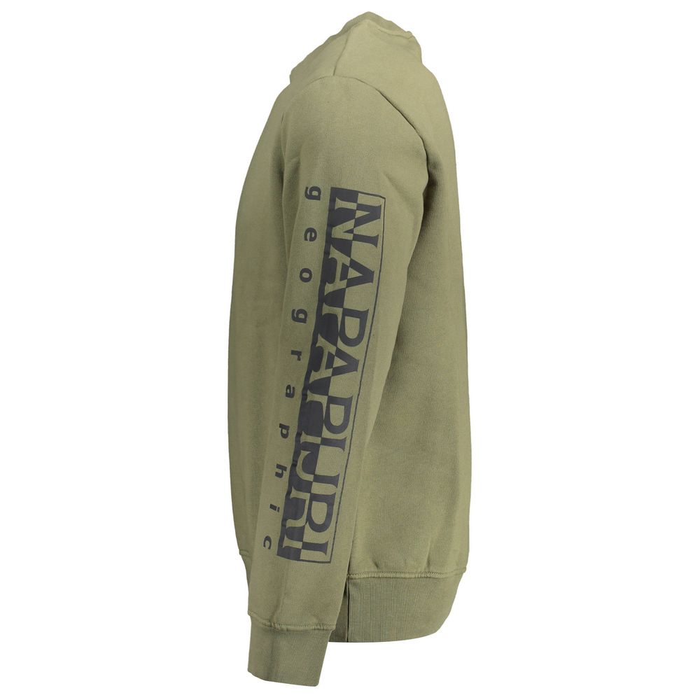 Side view of Napapijri Green Cotton Men Sweater with long sleeves and logo print, showcasing casual style and comfort.