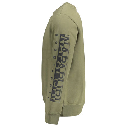 Side view of Napapijri Green Cotton Men Sweater with long sleeves and logo print, showcasing casual style and comfort.