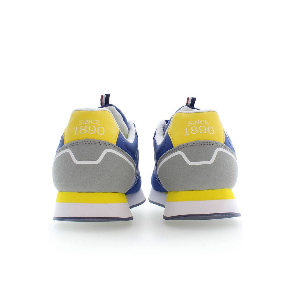 Back view of U.S. POLO ASSN. Blue Polyester Men Sneaker with contrasting yellow details and logo