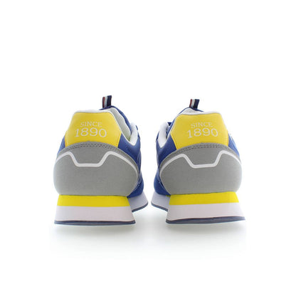 Back view of U.S. POLO ASSN. Blue Polyester Men Sneaker with contrasting yellow details and logo