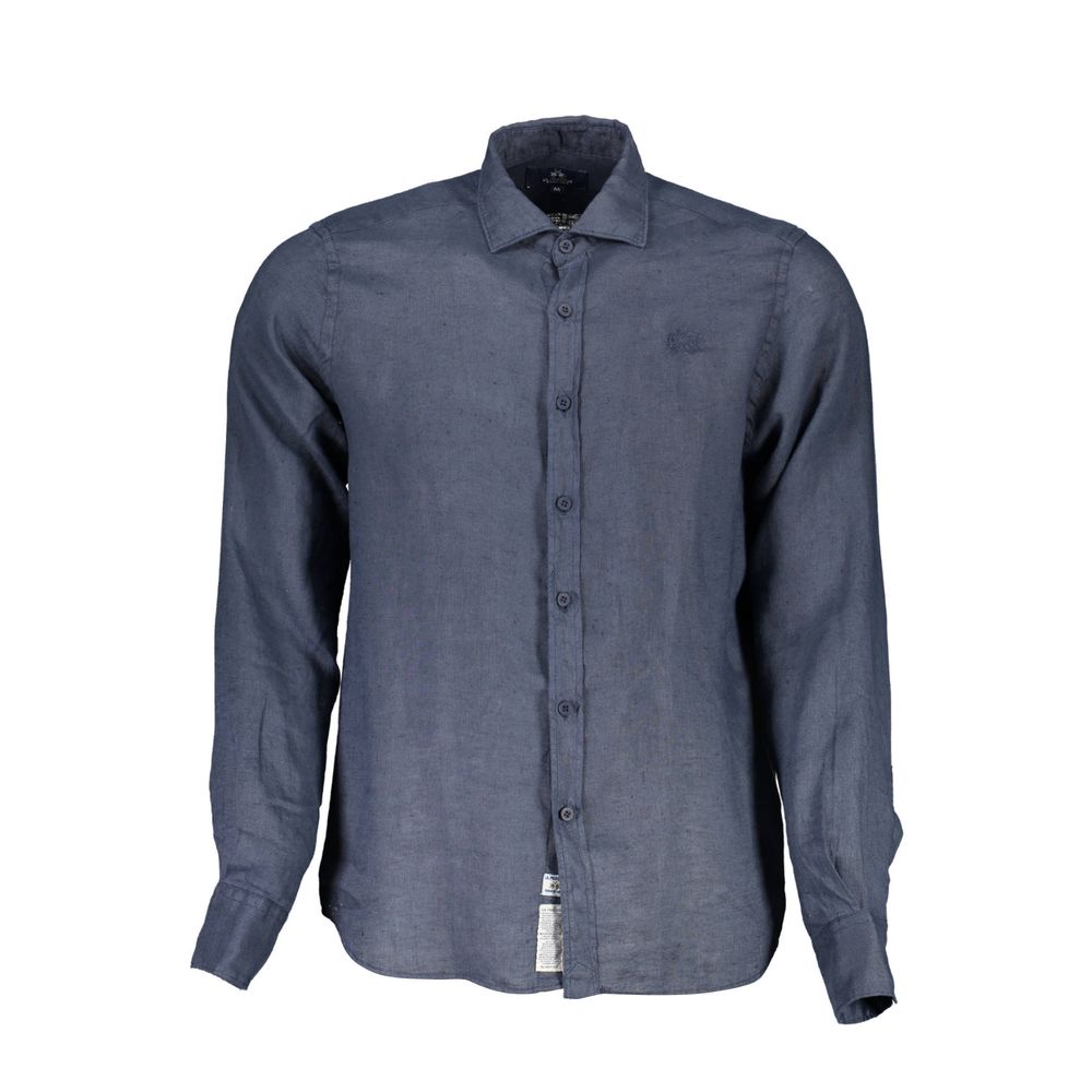 La Martina Blue Linen Men Shirt with French collar and embroidery
