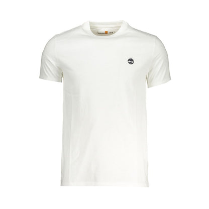 Timberland White Cotton Men T-Shirt with logo embroidery, slim-fit, short sleeve for casual elegance and comfort.