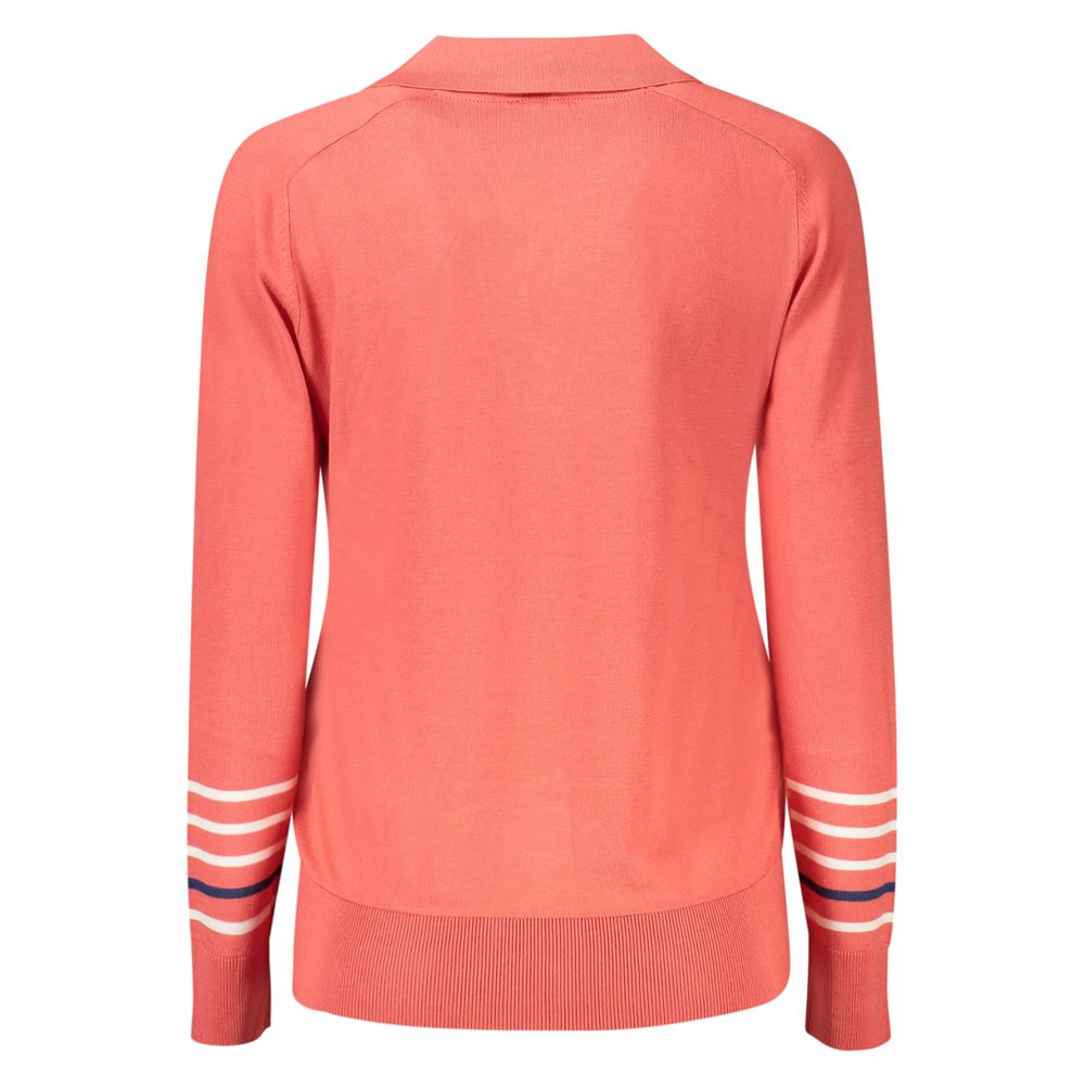Back view of North Sails Pink Cotton Women Sweater with striped sleeves, showcasing sleek design and iconic logo detail.