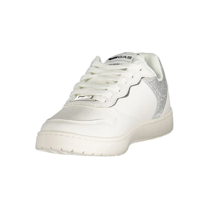 Gas White Polyester Women Sneaker with silver contrast details and iconic logo, perfect for trendsetting casual style.