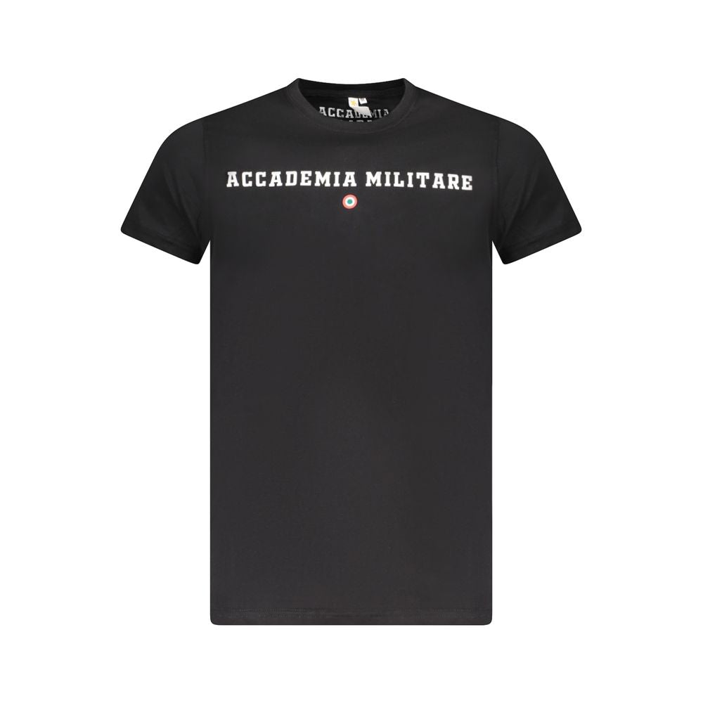Alt Tag: Accademia Militare Black Cotton T-Shirt with short sleeves, crew neck, and logo print