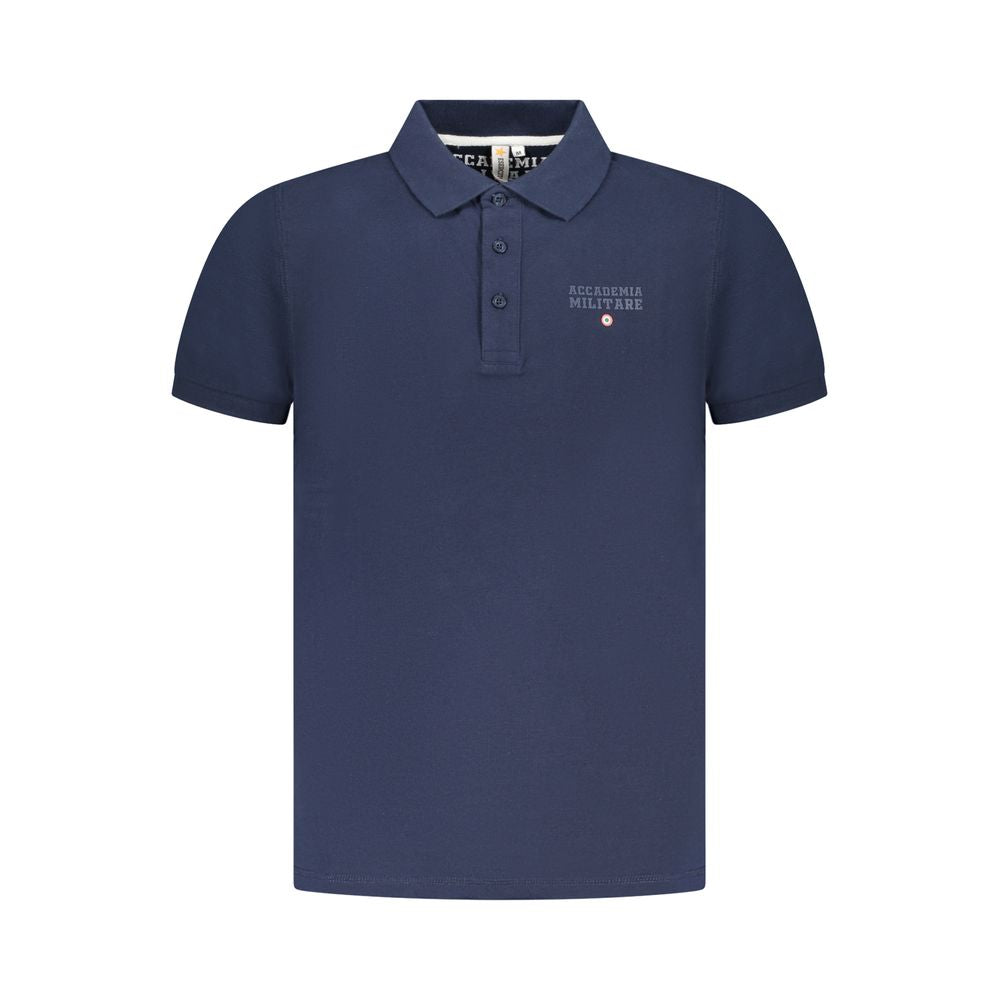 Accademia Militare Blue Cotton Polo Shirt, short sleeve with 3 buttons, featuring Accademia Tricolore logo and print.