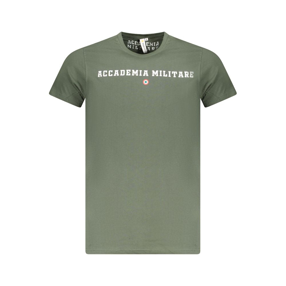 Accademia Militare Green Cotton T-Shirt with logo, crew neck, short sleeves, and contrast design, front view.