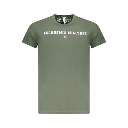 Accademia Militare Green Cotton T-Shirt with logo, crew neck, short sleeves, and contrast design, front view.