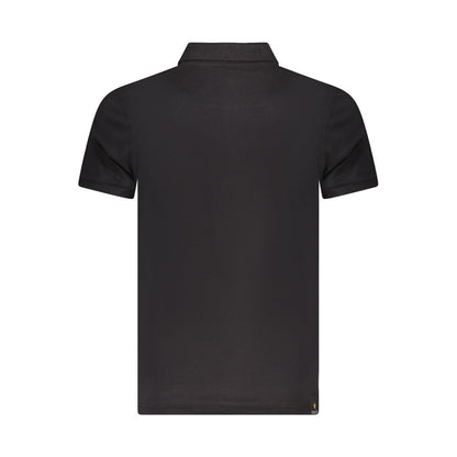 Back view of Accademia Militare Black Cotton Polo Shirt with short sleeves, eagle ball, three buttons, and logo print.