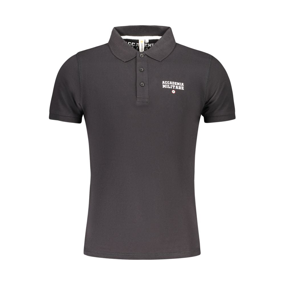 Accademia Militare Black Cotton Polo Shirt with short sleeves, tricolore accents, 3 buttons, and logo print.
