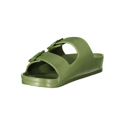 Norway 1963 Green Plastic Men Sandal with two adjustable buckles, showcasing sleek design and vibrant color.