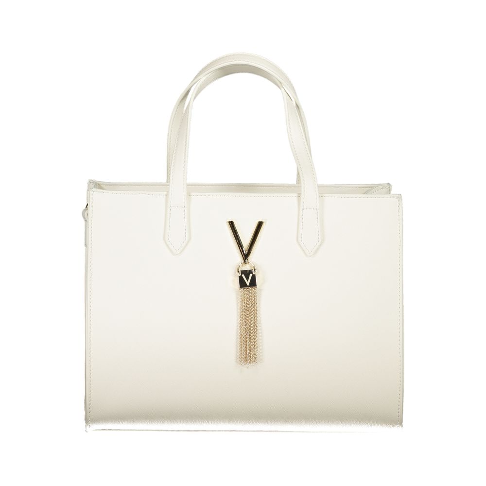 Mario Valentino White Polyethylene Handbag with gold details, two handles, adjustable shoulder strap, internal pockets, and logo.