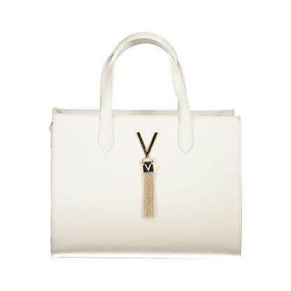 Mario Valentino White Polyethylene Handbag with gold details, two handles, adjustable shoulder strap, internal pockets, and logo.