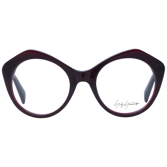 Yohji Yamamoto Burgundy Unisex Glasses Frame, full-rim acetate, round style, demo lenses, 51-20-140 size, includes branded soft case.