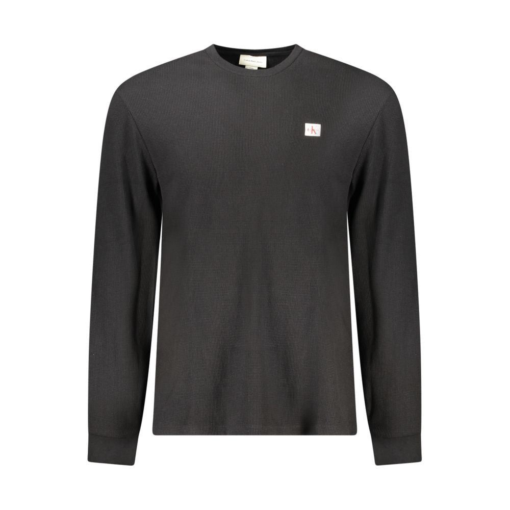 Calvin Klein Black Cotton Men Sweater with classic crew neck and logo, long-sleeved stylish tee ideal for fashion-forward wardrobes.