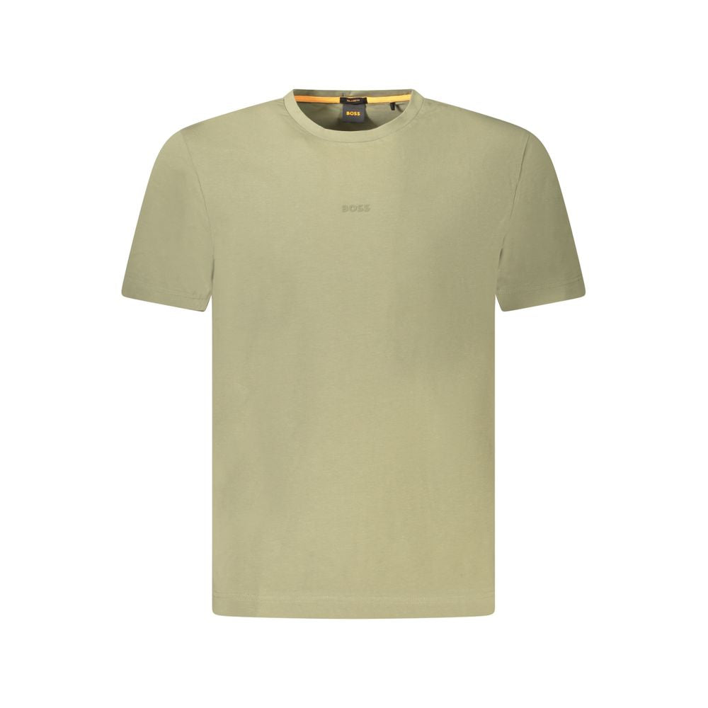 Hugo Boss Green Cotton Men TShirt showcasing short sleeves, crew neck, and logo detailing, made from organic cotton for luxury and comfort.