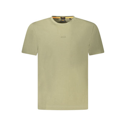 Hugo Boss Green Cotton Men TShirt showcasing short sleeves, crew neck, and logo detailing, made from organic cotton for luxury and comfort.