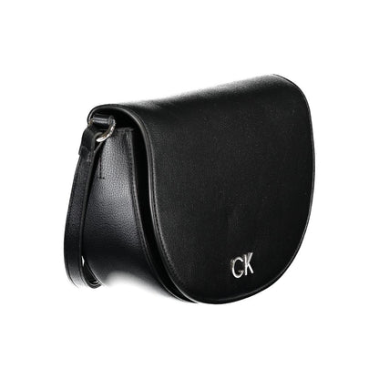 Calvin Klein Black Polyethylene Handbag with adjustable strap, internal card pocket, magnet closure, and logo displayed.