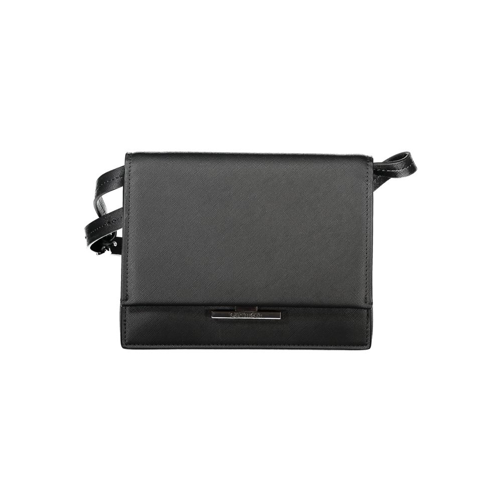 Calvin Klein Black Polyethylene Handbag with adjustable strap, three compartments, internal pocket, snap closure, and logo detail.