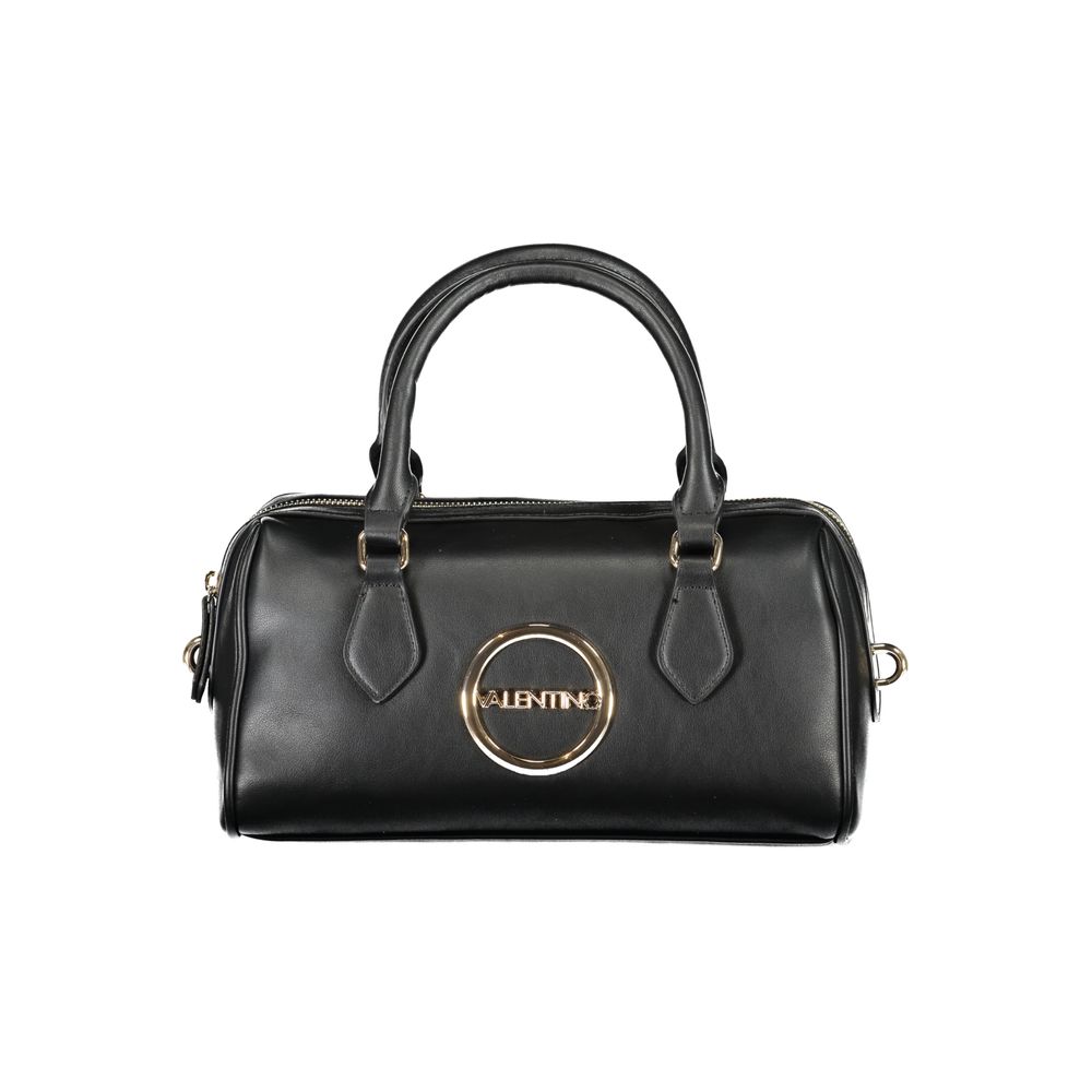 Mario Valentino Black Polyethylene Handbag with logo, handles, adjustable strap, zipper closure, and internal pockets.