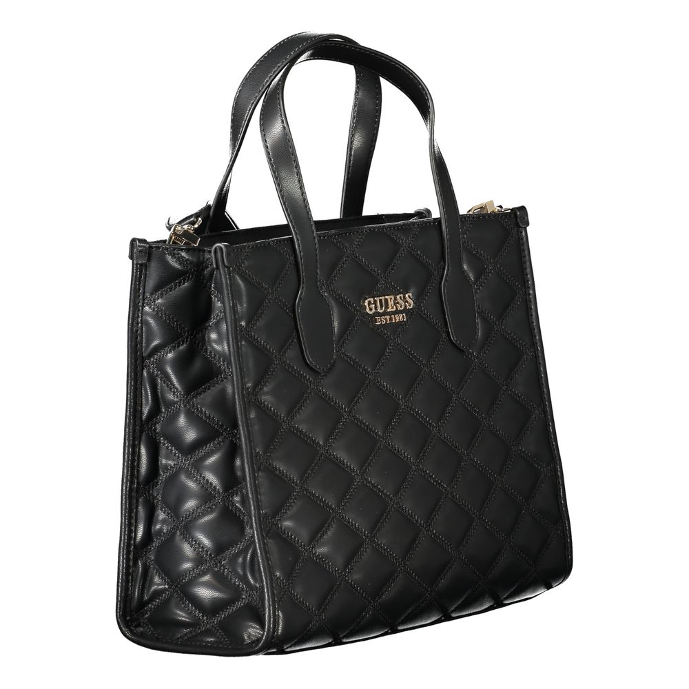 Guess Jeans Black Polyethylene Handbag with quilted design, two handles, removable strap, external pocket, and logo detail.
