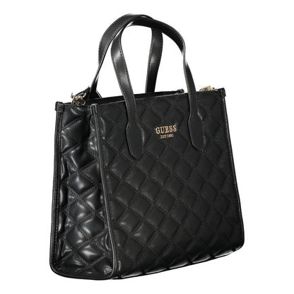 Guess Jeans Black Polyethylene Handbag with quilted design, two handles, removable strap, external pocket, and logo detail.