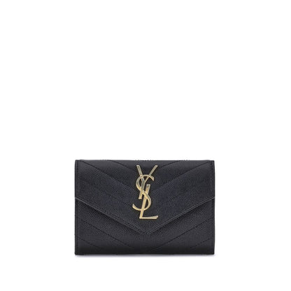 Saint Laurent Black Calf Leather Bos Taurus Wallet with logo plaque and snap-button closure.