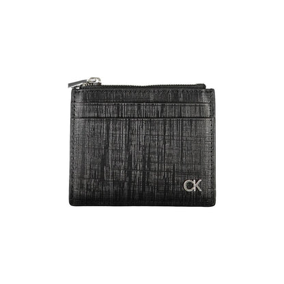 Calvin Klein Black Leather Wallet with card holder, central pocket, and zip closure. Features logo design. Stylish and functional accessory.