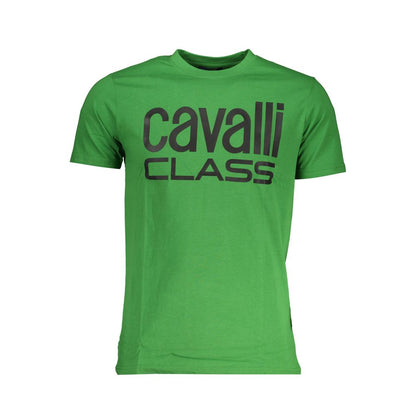 Cavalli Class Green Cotton T-Shirt with short sleeves, crew neck, featuring printed logo design.