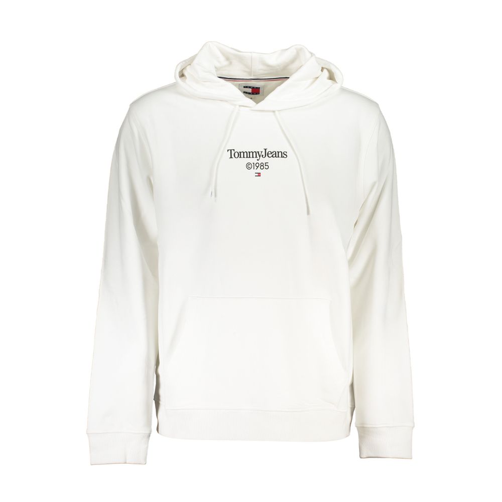 Tommy Hilfiger White Cotton Men Sweater with hood and logo, showcasing a central pocket, offering luxury and style in regular fit.