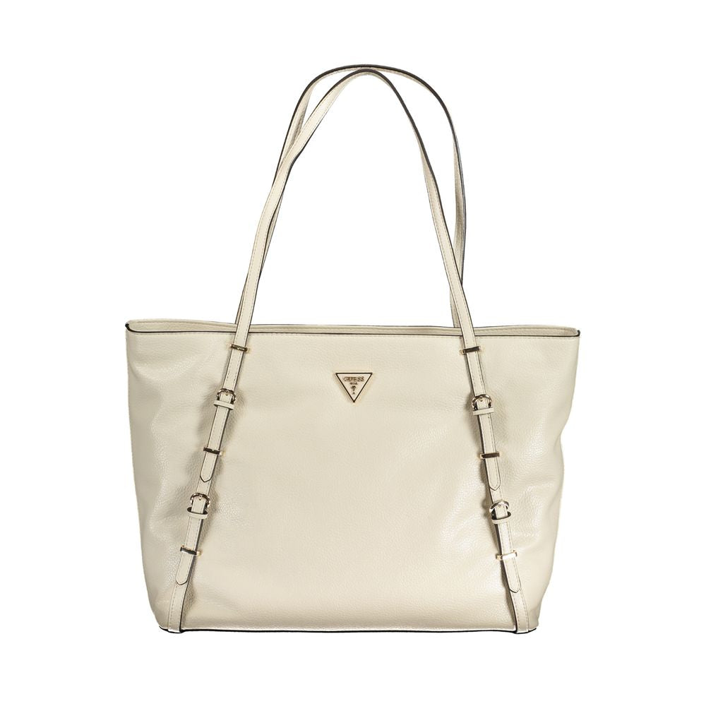 Guess Jeans Beige Polyethylene Handbag with shoulder handles, external and internal pockets, contrasting details, and logo.
