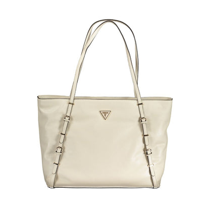 Guess Jeans Beige Polyethylene Handbag with shoulder handles, external and internal pockets, contrasting details, and logo.
