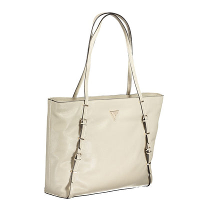 Alt Tag: Guess Jeans Beige Polyethylene Handbag with dual shoulder handles, external pocket, internal compartments, and contrasting details.