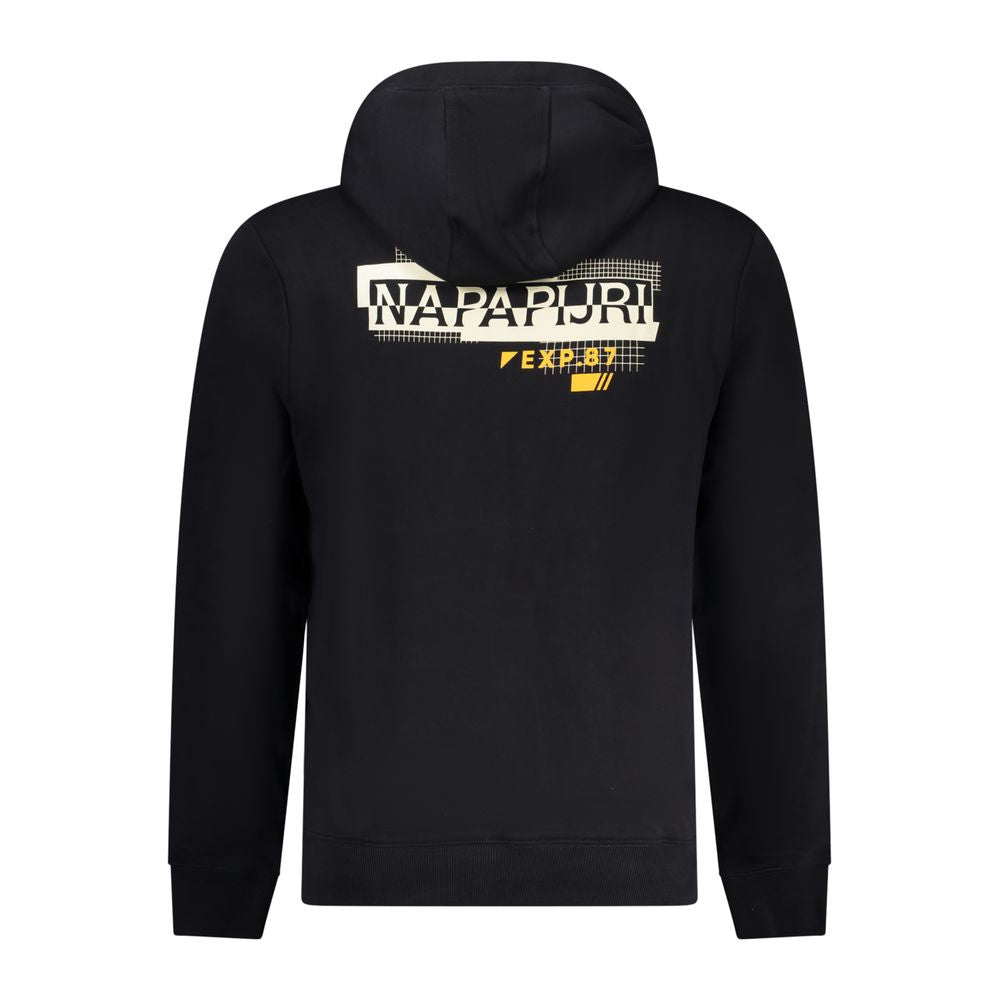 Napapijri Black Cotton Men Sweater with hood and logo print, showcasing stylish sophistication and comfort with a central pocket.