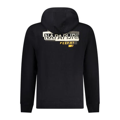 Napapijri Black Cotton Men Sweater with hood and logo print, showcasing stylish sophistication and comfort with a central pocket.