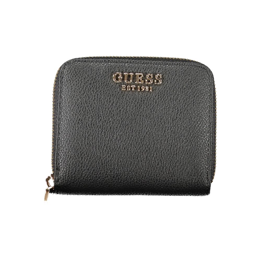 Guess Jeans Black Polyethylene Wallet with logo, zip closure, coin purse, and card spaces - Laurel SLG wallet.