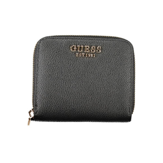 Guess Jeans Black Polyethylene Wallet with logo, card spaces, coin purse, and zip closure.